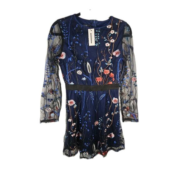 CBR Chic Boutique Rose Blue Solid Under Sheer Embroidered Floral Mini Dress NWT - Picture 1 of 8